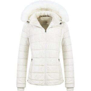 Women's Cream Velvet Puffer Jackets Coat Faux Fur Lining Winter Removable Hood